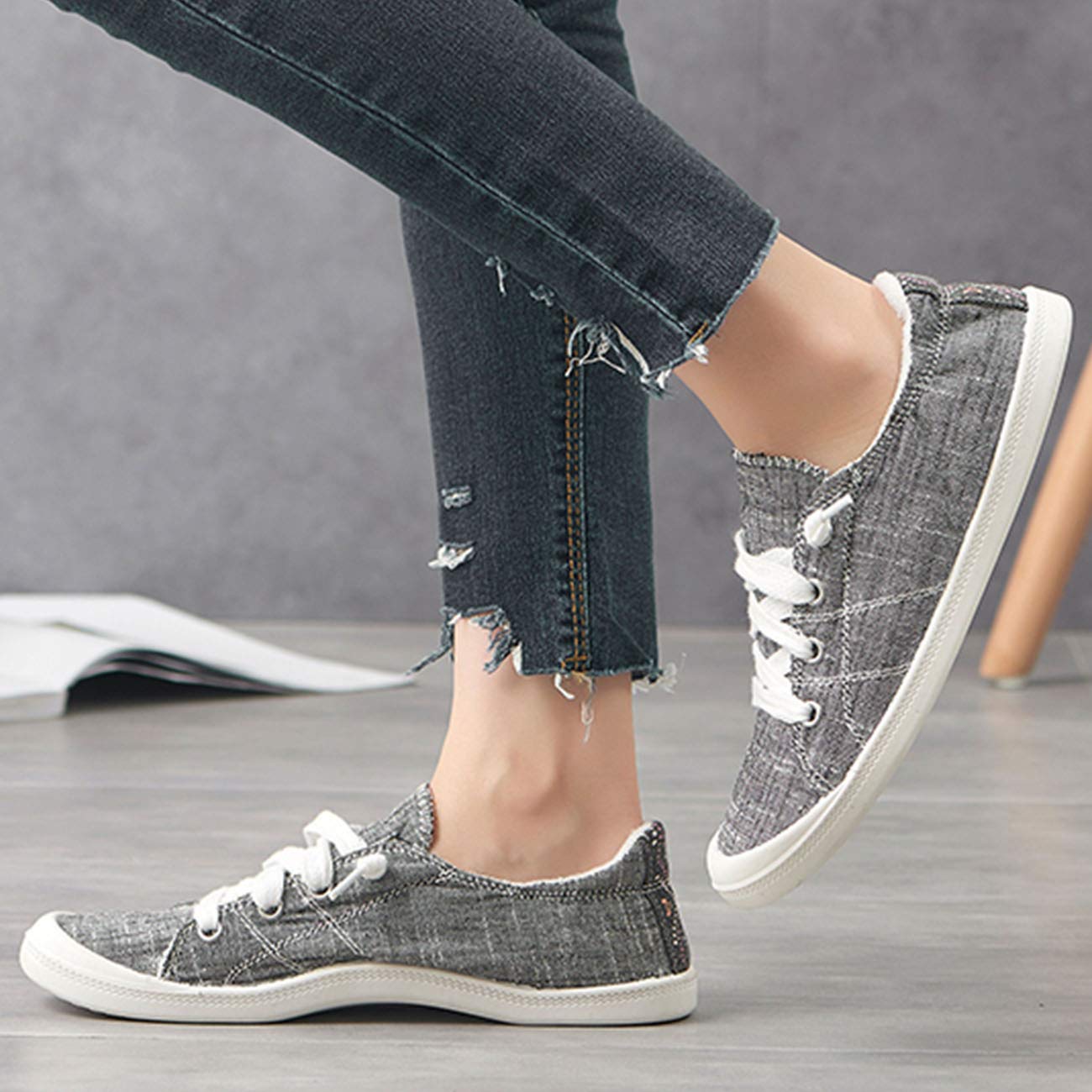 FIRENGOLI Women\'s Slip On Trainers Casual Sneakers Lace Up Flat Shoes Canvas Loafers (5 UK,Grey)