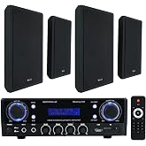 Rockville BLUAMP 100 Home Stereo Bluetooth Amp with 4 RockSlim Speakers | 500W Peak / 120W RMS, Bluetooth 5.0, USB/SD/FM/RCA, 4 Black 5.25" Wall Speakers, 480W Peak / 160W RMS Total, 5-items