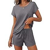 Ekouaer Women 2 Piece Pajamas Set Short Sleeve Comfy Lounge Set Round Neck Tops and Shorts Pjs with Pockets