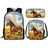 Renewold Horse Backpack for Girls Boys Yellow Sunflower Horse Print Kids School Bookbags Set Preschool Primary Middle Student Bookbag with Insulated Lunch Box Bag Pencil Case 3pcs Set School Supplies