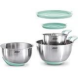 Dash Stainless Steel Mixing Lids, Silicone Non-Slip Base with Measuring Lines and Strainer, 3 Bowl Set, 1.5, 3, 5 Quart, Quar