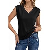Sidefeel Womens Tops Causal V Neck Cap Sleeve Summer T Shirts Trendy Patchwork Loose Fit Basic Tees Blouses