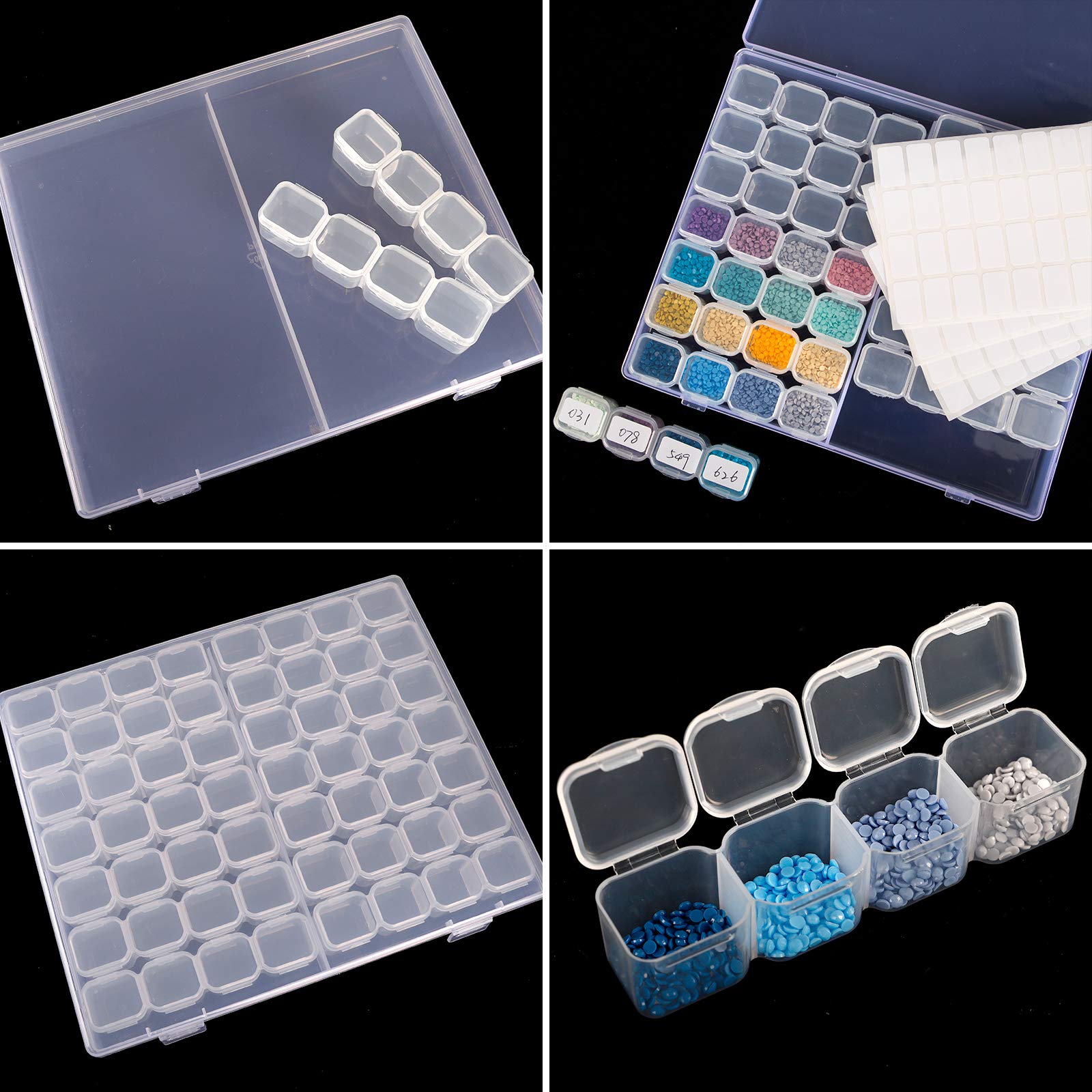 SGHUO 280 Slots 5 Pack 56 Grids Diamond Painting Storage Containers Plastic 5D Diamond Embroidery Storage Box with 400pcs Label Stickers for Sewing, Nail Diamonds, Diamond Painting Accessories