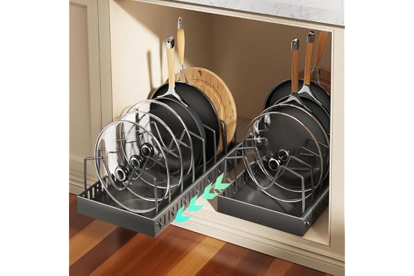 Pull Out Pots and Pans Organizer Under Cabinet - 2 Pack Black, Sliding Lid Holder & Pan Rack with 8 Adjustable Dividers, Easy