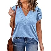 VISLILY Womens-Plus-Size-Summer-Tops Casual Petal Short Sleeve T Shirts Trendy V Neck Blouses Flowy Dressy Tunics XL-5XL