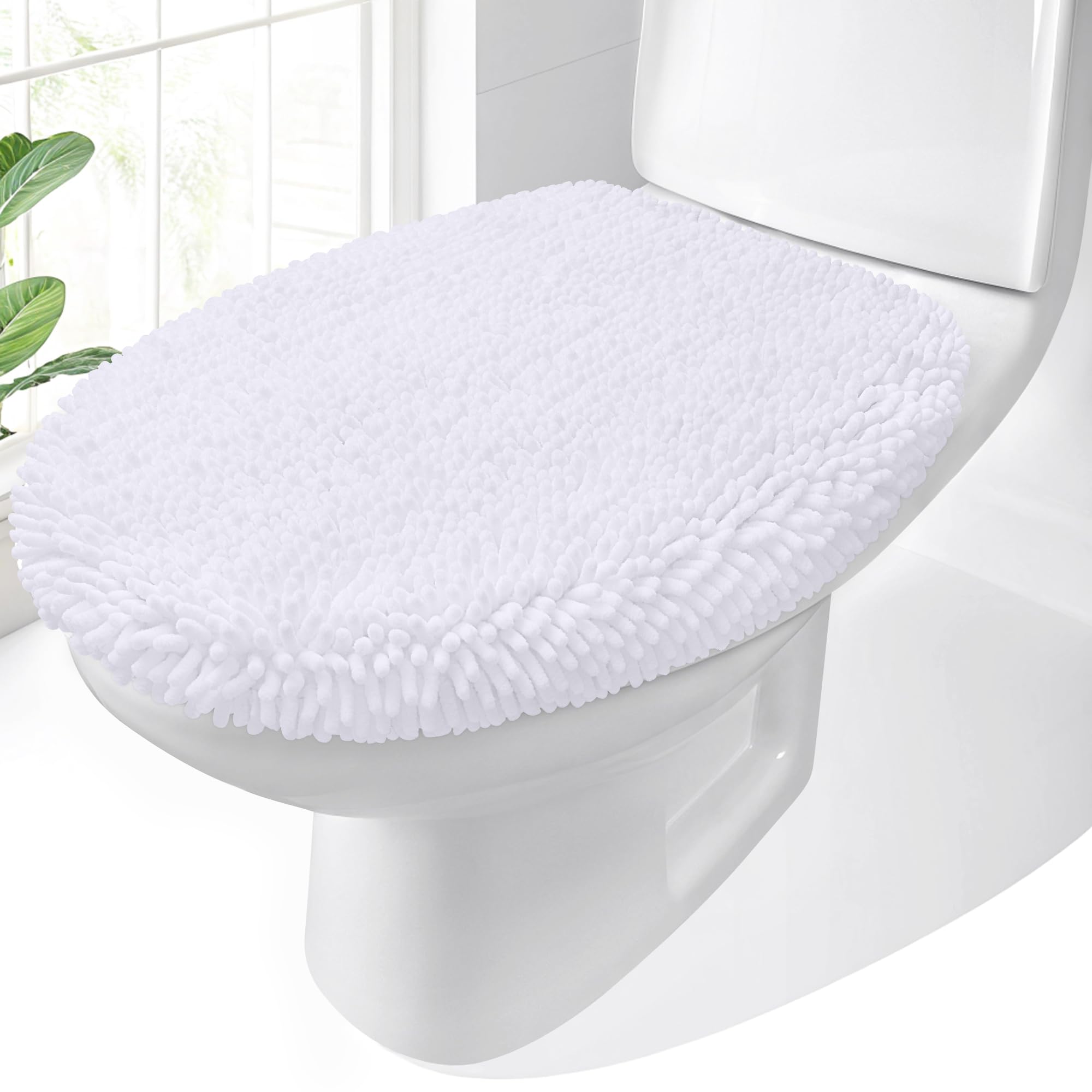 Photo 1 of OLANLY Soft Chenille Bathroom Toilet Lid Cover, Machine Washable Seat Covers, 17.5x15, Stays in Place Rubber Backing, Fits Most Round, Elongated and Oblong Lids, Accessories Decor, White