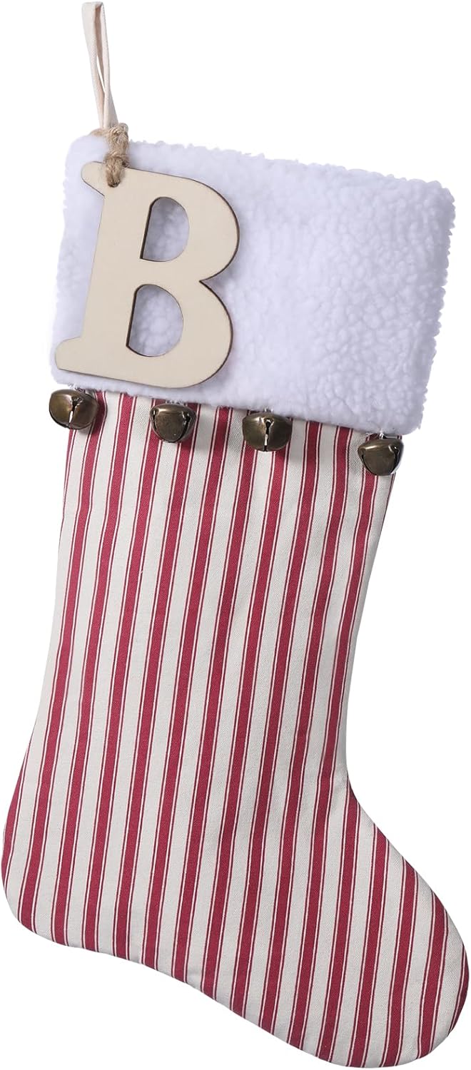 Stockings & Holders - JKSVE 19.5 inch Red Vertical Stripe Christmas Stocking w/Bells, Personalized Wooden Initial Monogram Christmas Stocking, Holiday Xmas Party Decorations (B)