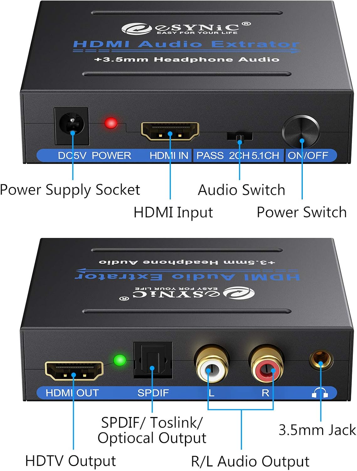 eSynic Professional HDMI Audio Extractor 4K HDMI Optical Adapter Audio Splitter with SPDIF,L/R and 3.5mm Output for PCM2.0,Dolby - Image 4