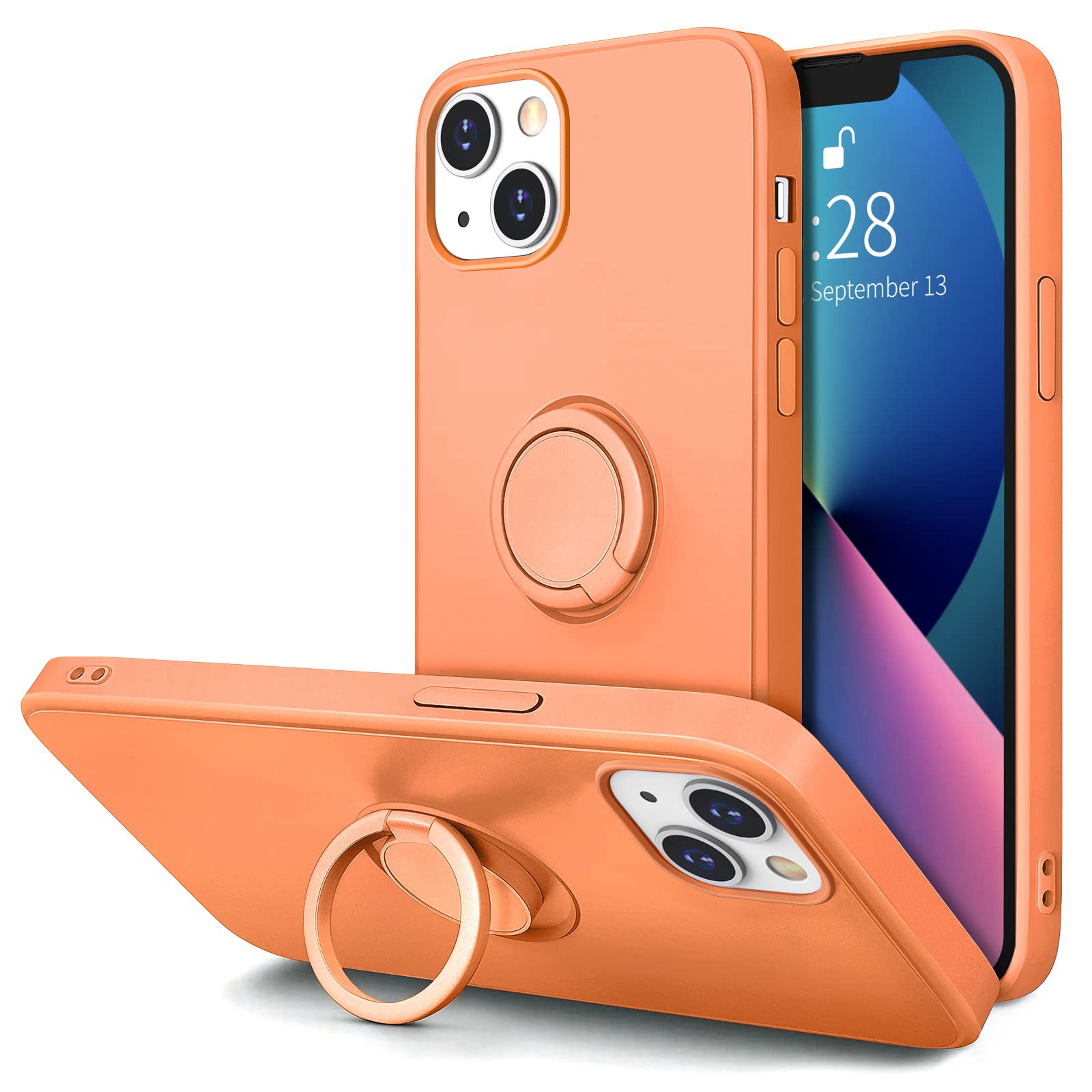 Photo 1 of Hython for iPhone 13 Case with Ring Stand [360° Rotatable Ring Holder Magnetic Kickstand] [Soft Microfiber Lining] Slim Shockproof Rubber Protective Phone Case Cover for Women, Kumquat