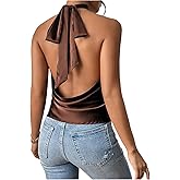 MAKEMECHIC Women's Satin Silk Halter High Neck Tops Backless Sleeveless Camisole Party Club Classy Going Out Top