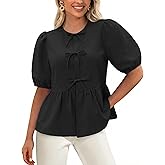 siliteelon Women's Babydoll Tops Peplum Blouse with Tie Front & Puff Sleeve Cute Summer Trendy Shirts