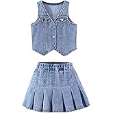 MakeMeChic Girl's Y2K Two Piece Cute Outfits Denim Jeans Sleeveless Button Down Vest and Pleated Mini Skirt Set 8-12 Years