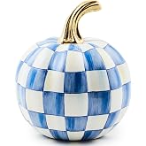 MACKENZIE-CHILDS Resin Pumpkin, Mini, Blue-and-White Royal Check | Hand-painted design, decorative fall, Halloween, and Thanksgiving figurine, 4.5" dia. x 6" H