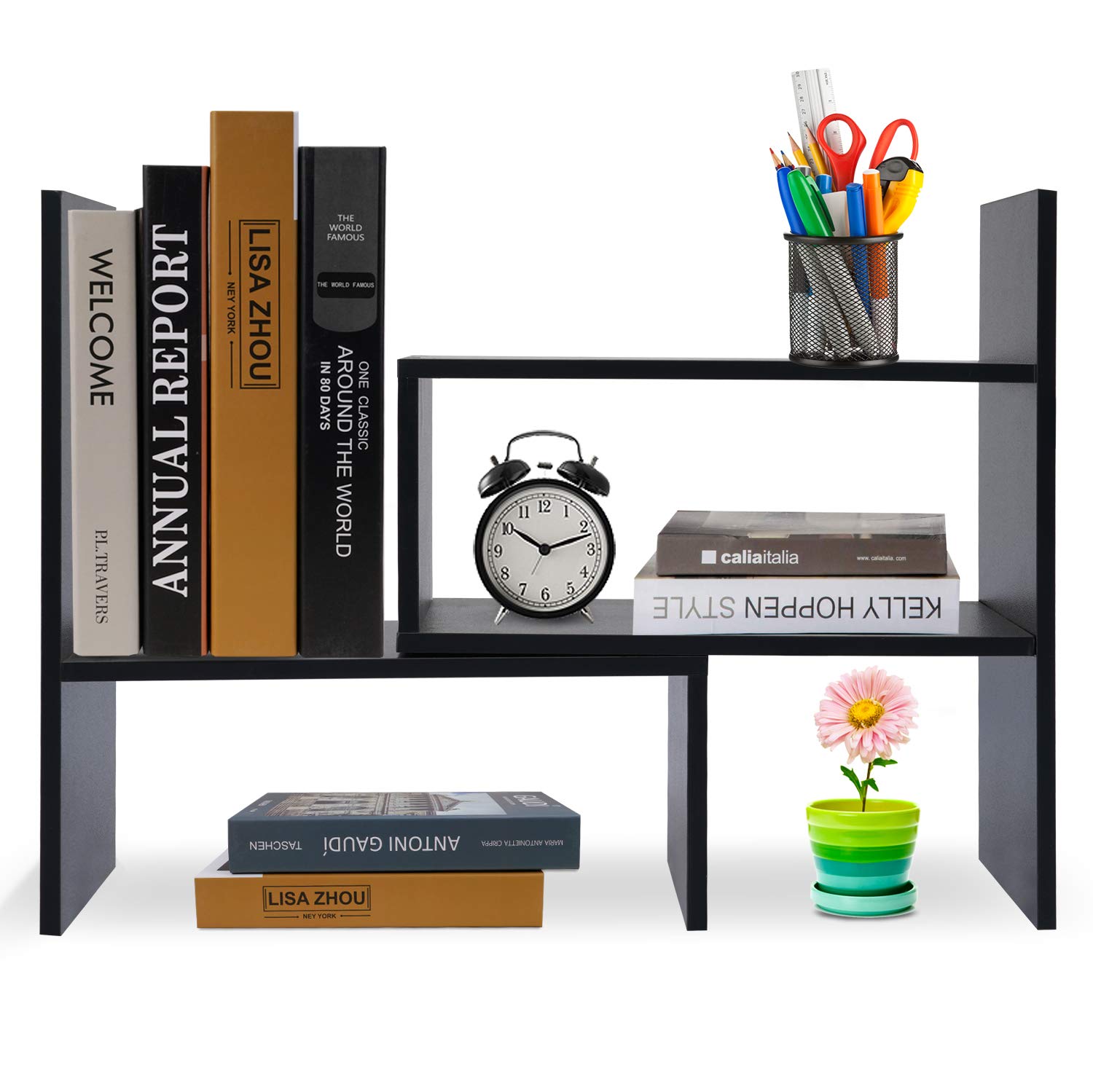 Photo 1 of Hossejoy Desk Shelf, Adjustable Desktop Storage Organizer, Wood Display Shelf Rack, Office Supplies Desk Organizer, Black