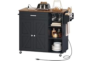 CHOEZON Kitchen Island, Kitchen Island Cart with Storage, Rolling Island Cart with Dual-Door Cabinet, Mobile Storage Islands with 3 AC Outlets, with Spice Rack, Black and Rustic Brown MZD02UBF