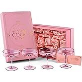 Vintage Art Deco Blush Pink Coupe Glasses with Gold Rims | Set of 4 | 7 oz Crystal Ribbed Cocktail Glassware for Drinking Cha