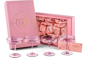 Vintage Art Deco Blush Pink Coupe Glasses with Gold Rims | Set of 4 | 7 oz Crystal Ribbed Cocktail Glassware for Drinking Cha