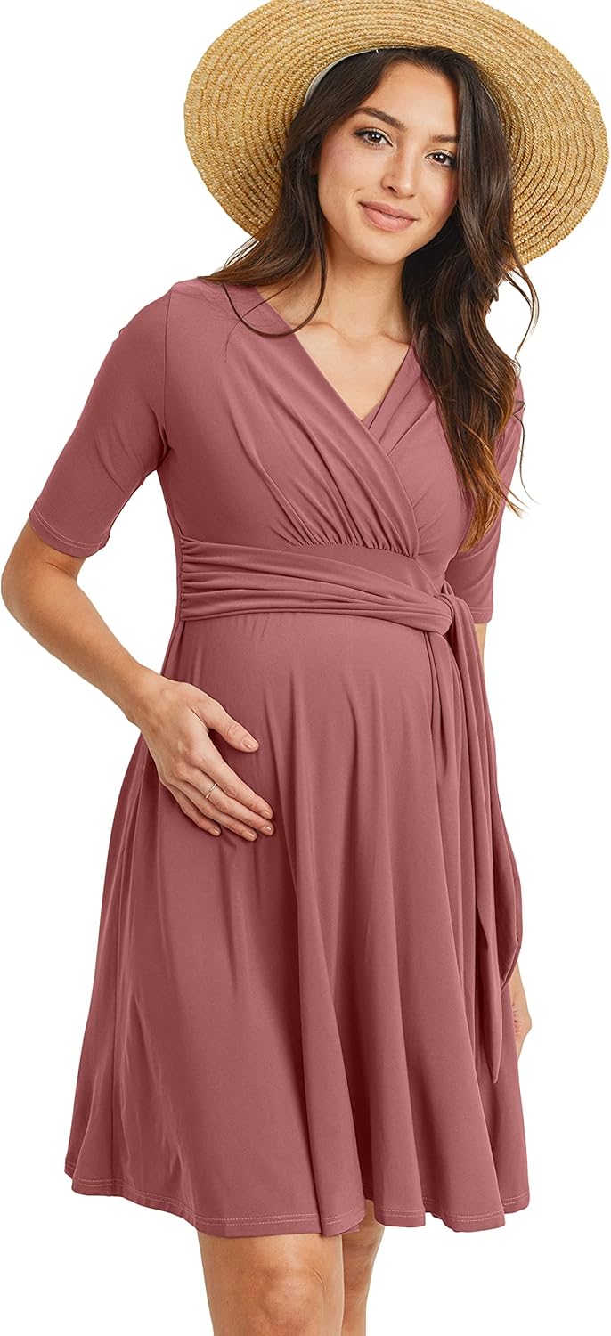 Hello MIZ Flower Print V-Neck 3/4 Sleeve Baby Shower Front Tie Wrap Maternity Dress at  Women’s Clothing store