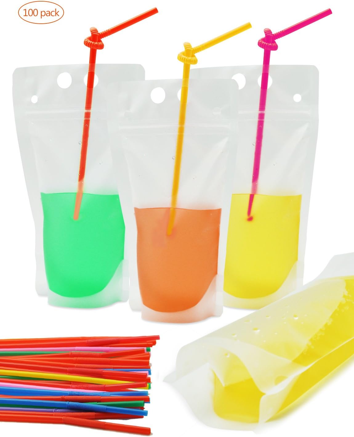 Winko 100 PCS Clear Stand-Up Plastic Pouches Bags with 100 Drink Straws Hand-Held Translucent Drink Bags