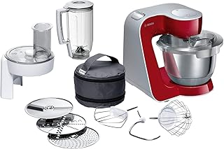 Bosch MUM5 CreationLine Küchenmaschine MUM58720, vielseitig einsetzbar, große Edelstahl-Schüsssel (3,9l), Durchlaufschnitzler, 3 Scheiben, Mixer, 1000 W, rot/silber