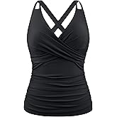 Hilor Women's Tankini Tops Underwire Swimsuits Ruched Tummy Control Tankini Bathing Suits Crossover V Neck Swim Top Only