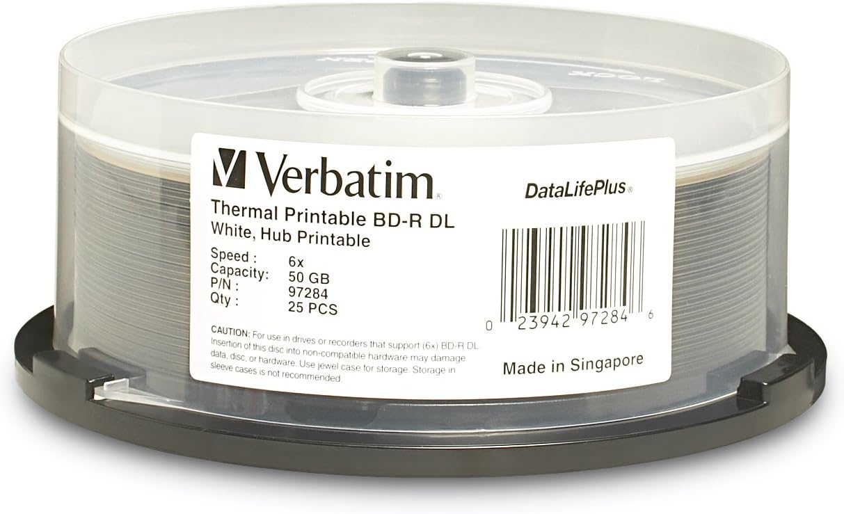 Verbatim BD-R DL 50GB 6X DataLifePlus White Thermal Printable, Hub Printable - 25pk Spindle