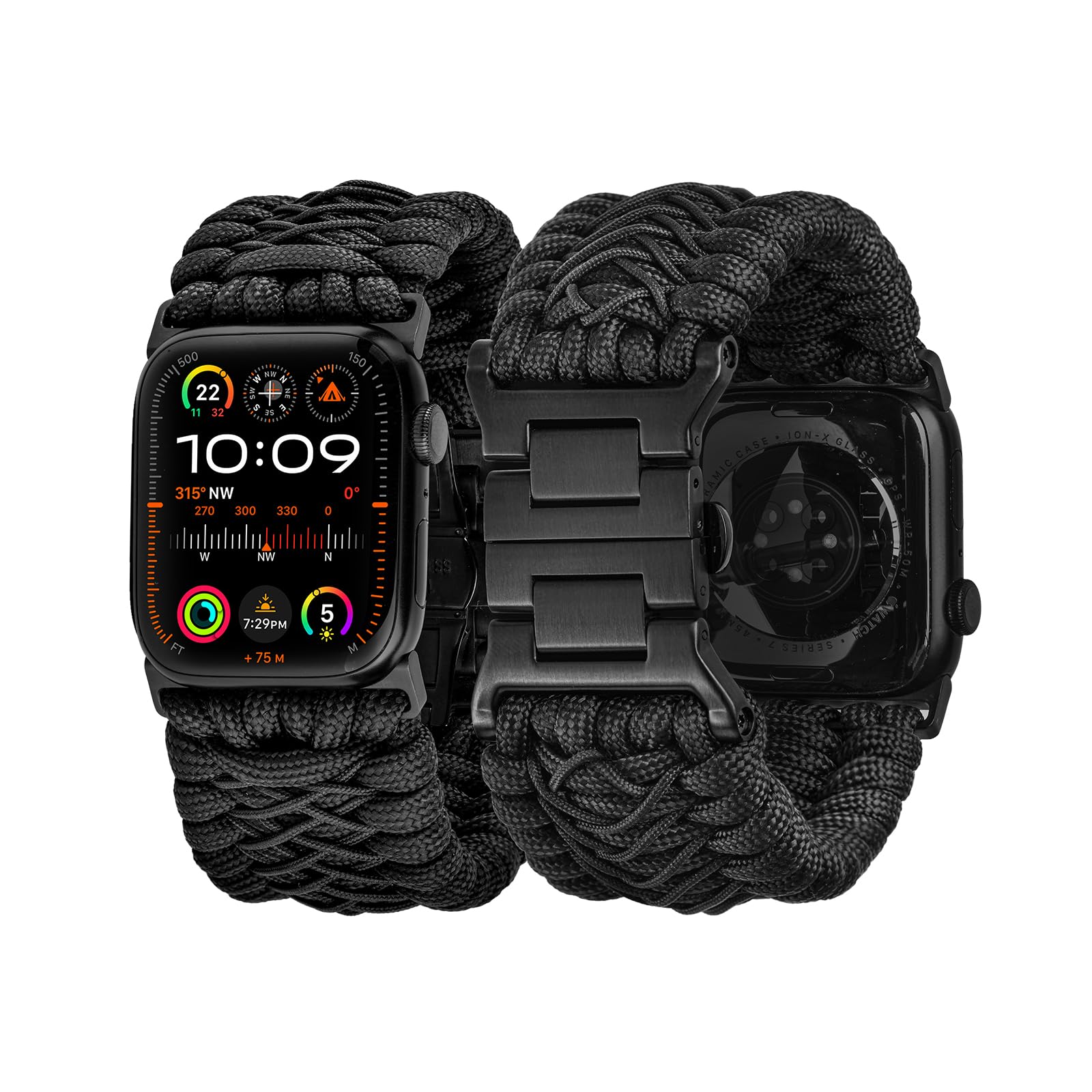 Tefeca Titan Series Paracord Band Compatible with Apple Watch Ultra 2/Ultra 49mm, Series 10 46mm, Series 9/8/7 45mm, SE2/SE/6/5/4 44mm, and Series 3/2/1 42mm (Black,XL for 49/46/45/44mm)