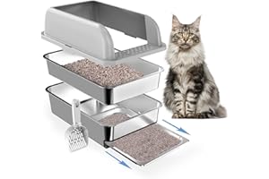 PAW LIBERO 23.6"x15.7"x6" Enclosed Stainless Steel Litter Box with Lid, XL Sifting Litter Box for Pine Pellets with Removable Drawer Pan for Easy Cleaning, High Sides Large Metal Litter Box System for Big Cats