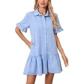 YEXPINE Women's Cotton Linen Ruffle Mini Dress Short Sleeve Button Down Drop Waist Tunic Shirt Dress