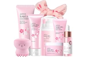 EVOLVIQUE Japan Sakura Skincare Set Mother's Day Gifts for Mom - 8 Pcs Teenage Skin Care Set - Skin Care for Teens 10-12 - Skincare for Girls 10-12 - Teen Skin Care Kit with Face Mask,Cleanser,Cream,Headband