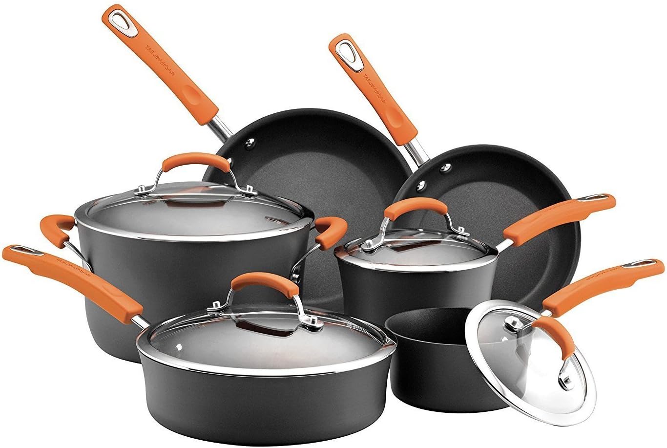 Complete Cookware Set 10 Piece RACHAEL RAY Exquisite Nonstick Hard Porcelain Enamel Cookware Oven and Dishwasher Friendly, Orange Handles