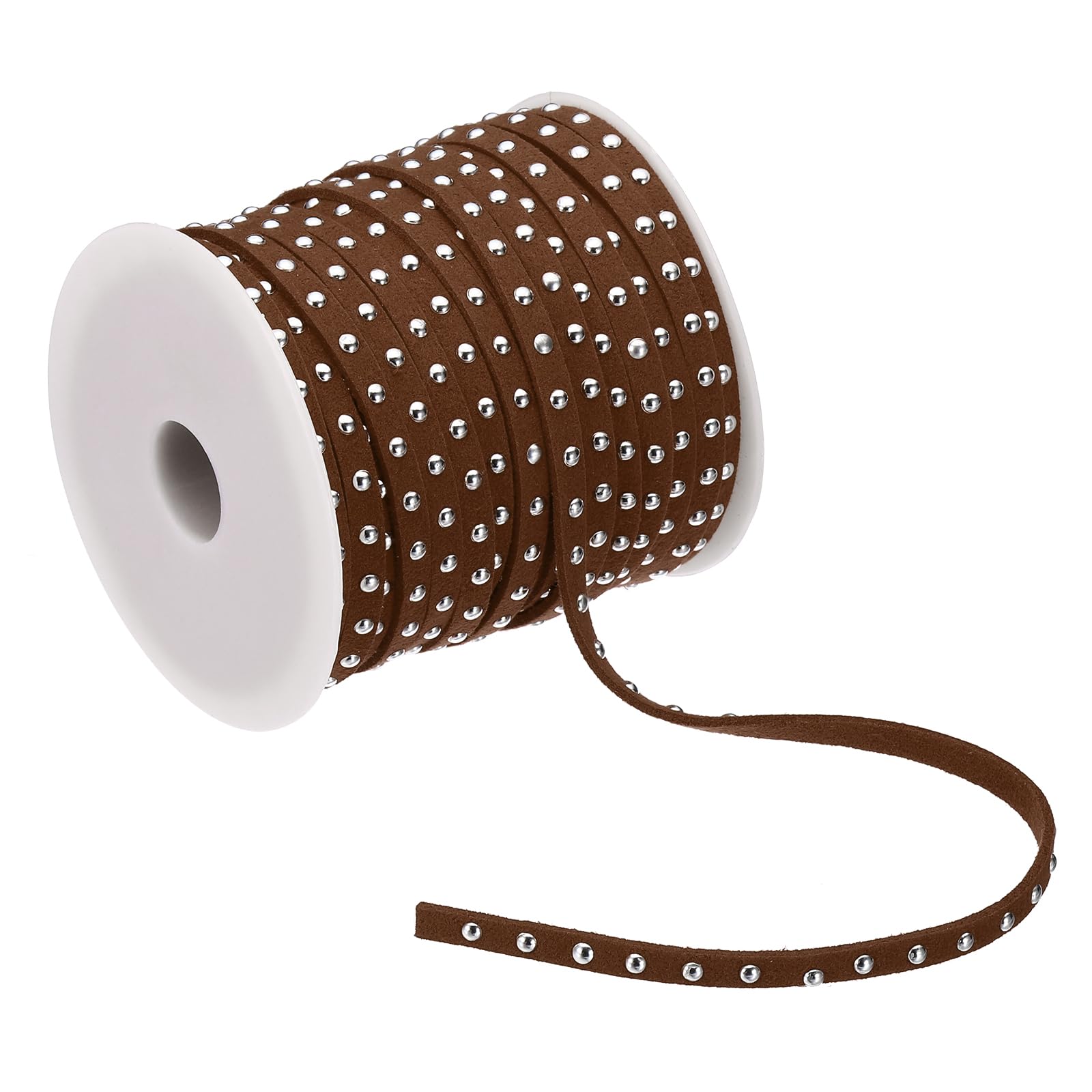 PATIKIL 65.6ft Studded Faux Suede Cord Rope for Jewelry Making, 5mm Micro Fibre Flat Leather Lace Beading String Ribbon with Rivets, Dark Brown Silver