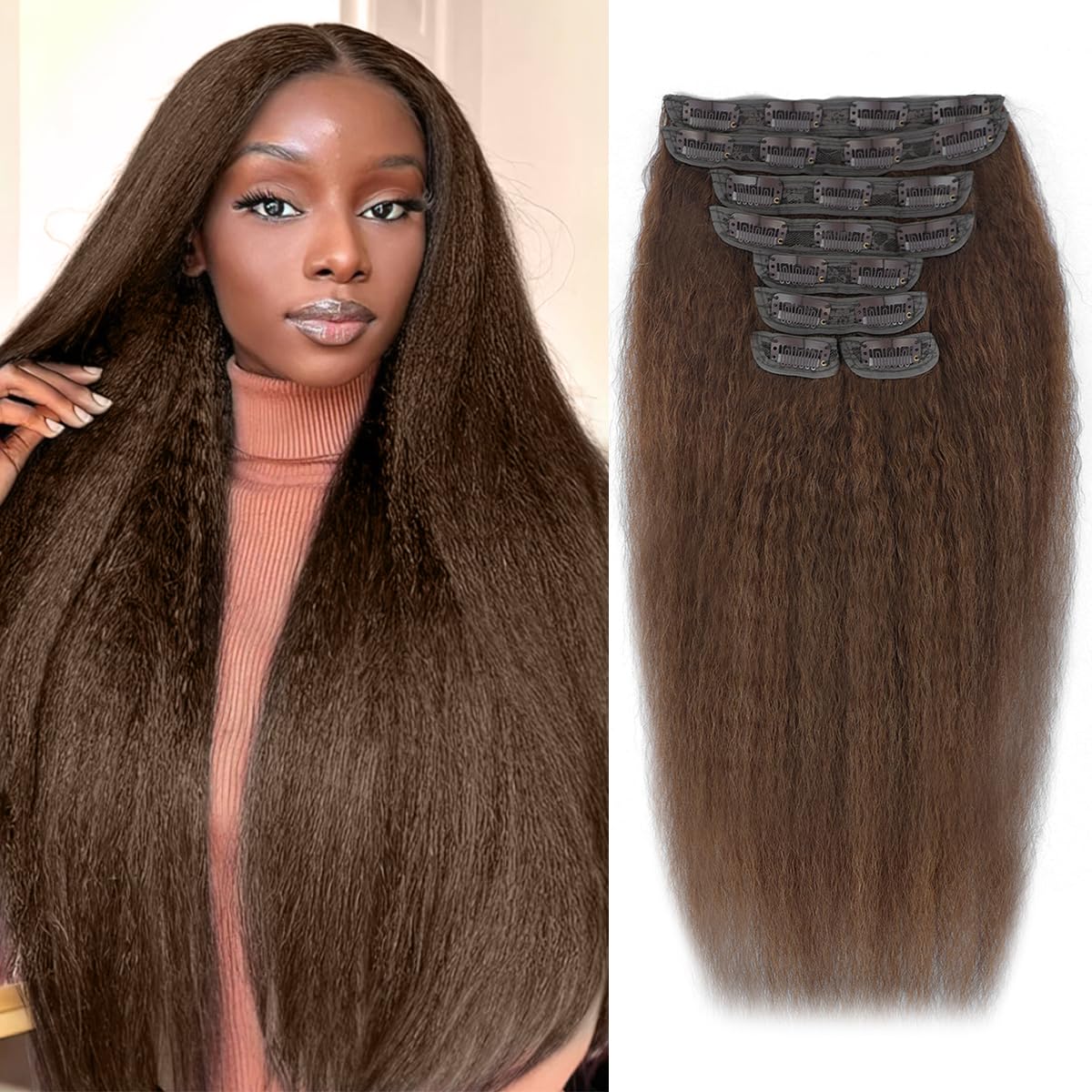 Kinky Straight Clip in Hair Extensions Real Human Hair, Remy Human Hair Extensions Clip ins for Women, Natural Human Hair, Brown 22 inch