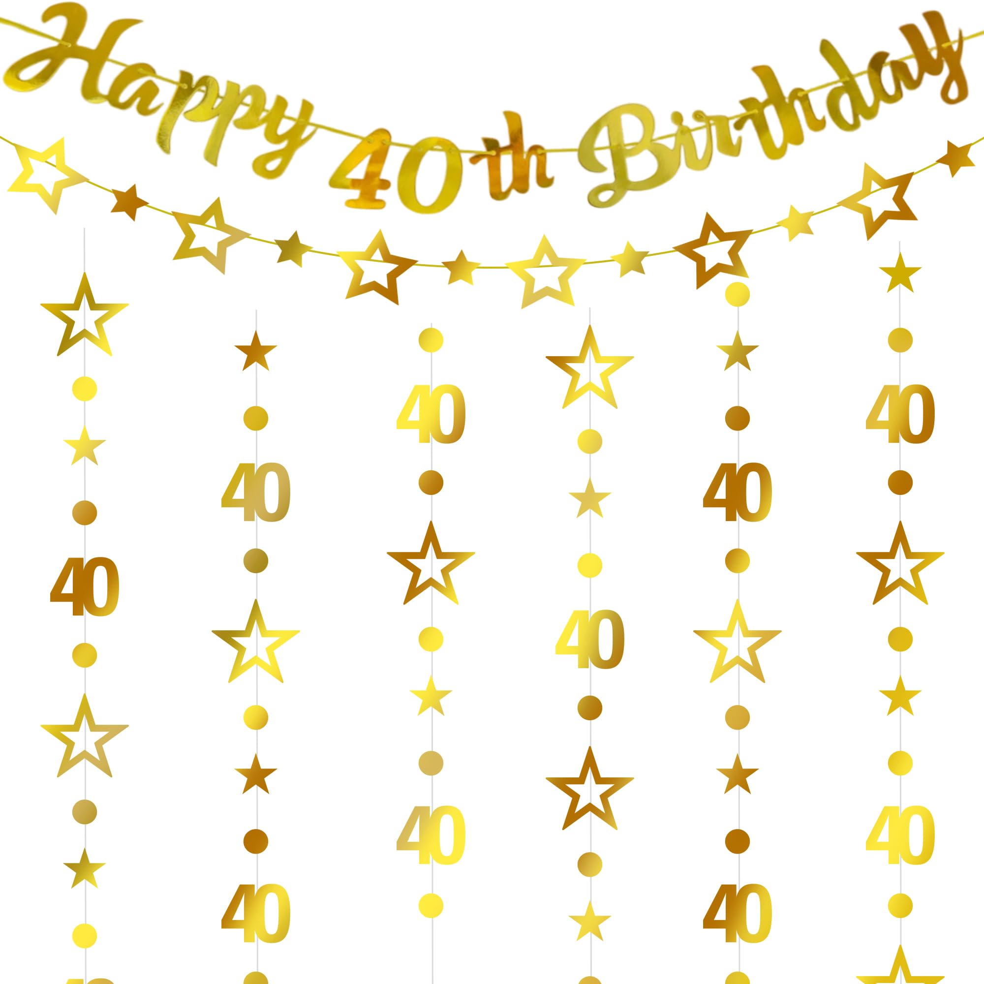 40th Birthday Decorations Gold Banner - 4 Pcs Gold Happy 40th Birthday Garland Banner Number 40 Circle Dot Twinkle Star Garland Hanging Streamer for Happy 40 Year Old Forty Anniversary Party Supplies — image 1