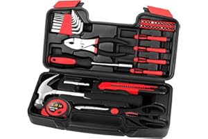 GETFOO 39 Piece Home Tool Kit General Household Hand Tool Set small tool box with Toolbox Storage Case for Everyday Home Repairs, Mini Tool kit for Women (Red)
