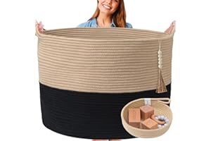 HUDDLE SUPPLY CO XXXXL WASHABLE Blanket Basket Living Room Boho 24" x 17" 2PCs Toy Baskets Woven Rope Basket for Blankets,Pillows,Throws,Laundry + Small Basket | Blanket Storage Basket (Black & Brown)