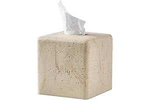 POLYTREE Natural Travertine Textures Tissue Box Cover Square for Home Decor,Resin Heavy Tissue Box Holder for Bathroom Countertop,Tabletop,Bedside Table,Office (Handmade of Resin)