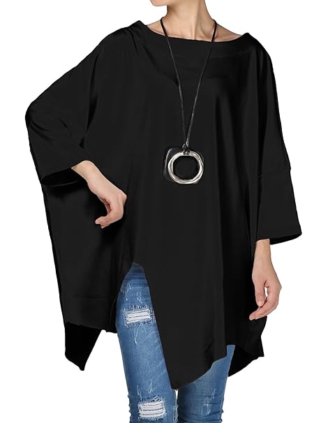 Vogstyle Damen Rundhals Unifarben 3/4 Arm Asymmetrische Plus Size Bluse Pullover Tunika T-Shirt Black L