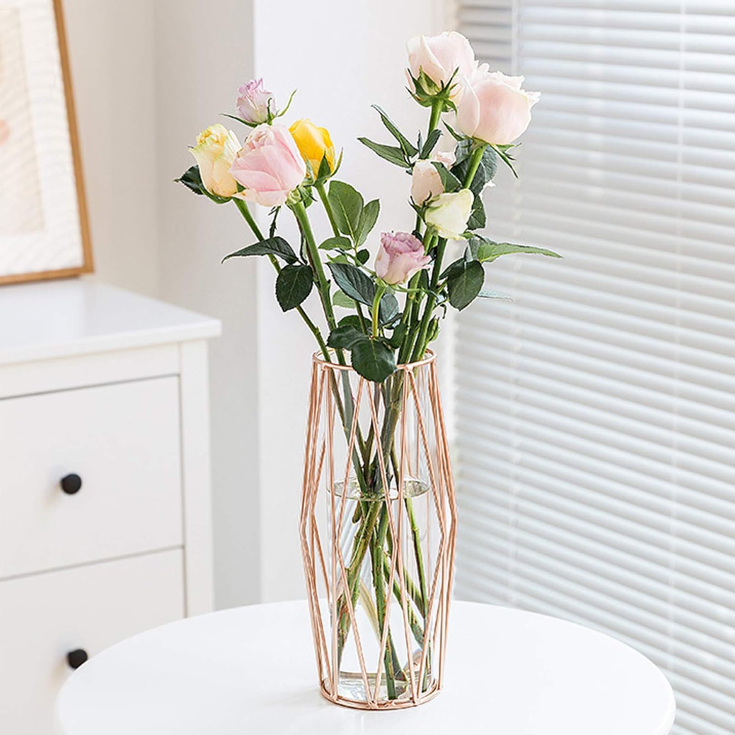 Geometric Glass Flower Vase Metal Holder, Crystal Clear Transparent