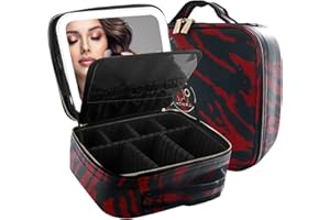 MOMIRA Travel Makeup Bag With LED Mirror,Train Case with Light up Mirror, Portable Makeup Artist Organizer Bag with Adjustable Dividers, Makeup Brush Holder Storage（Zebra Red）