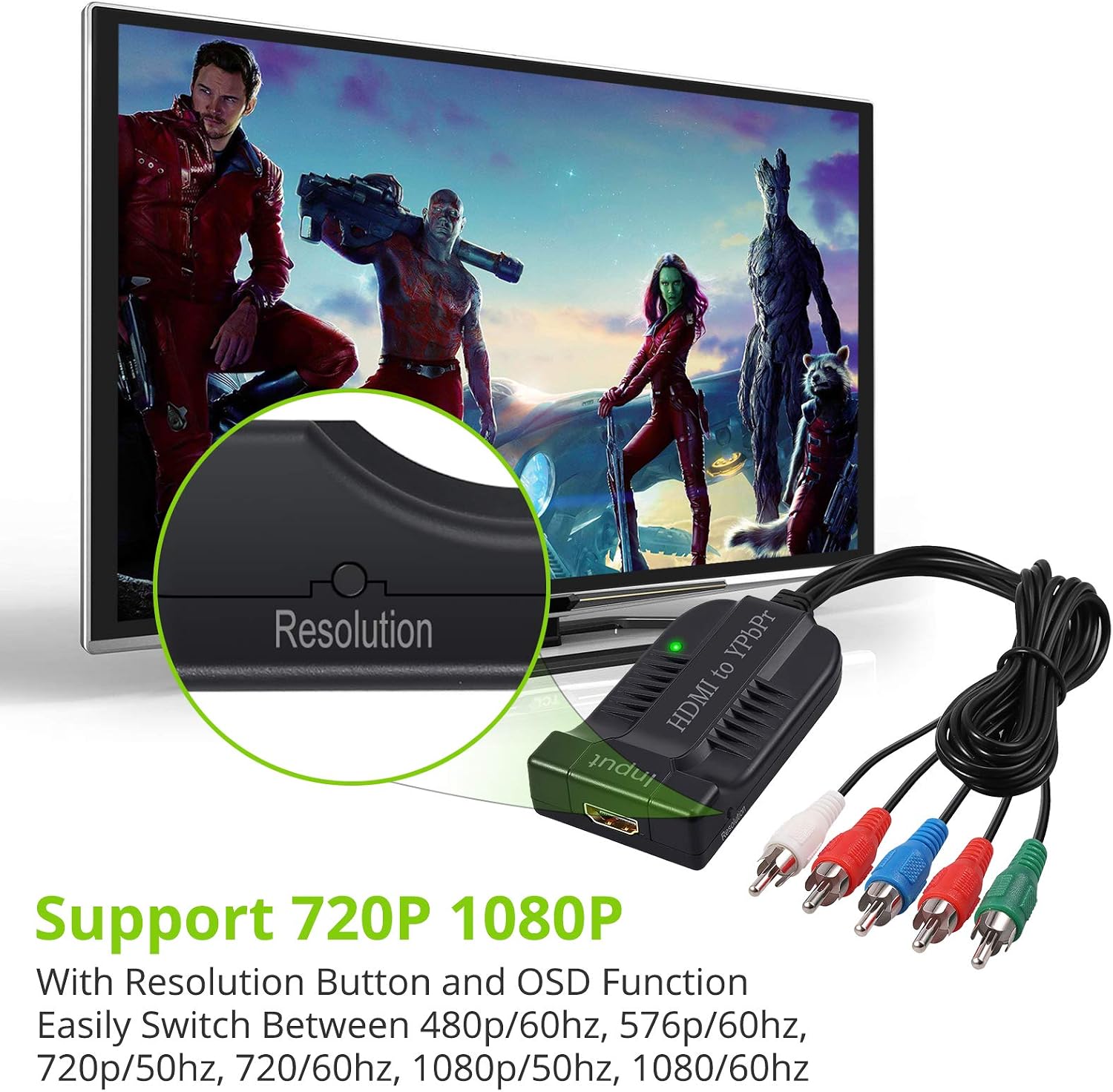 LiNKFOR HDMI to Component Converter with 60cm/2ft YPbPr Cable 1080P with Resolution Switch Support OSD HDMI 1.3 to Male YPbPr 5RCA Video RGB and R/L Audio Converter for TVBOX VHS VCR Etc - Image 5