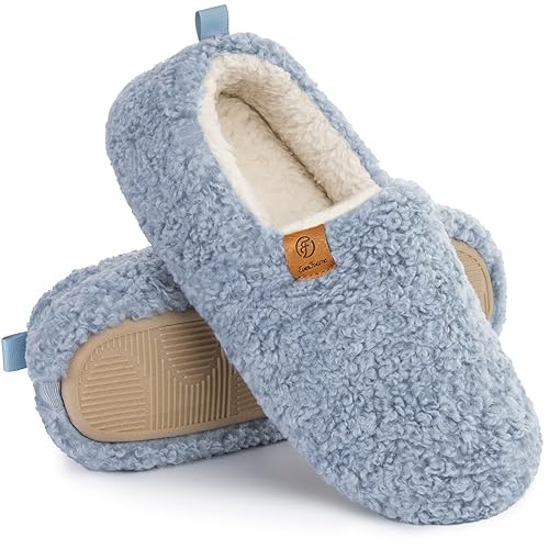 EverFoams Women’s Soft Curly Full Slippers Memory Foam Lightweight House Shoes Cozy Loafer with Polar Fleece Lining Light Blue,9-10 US