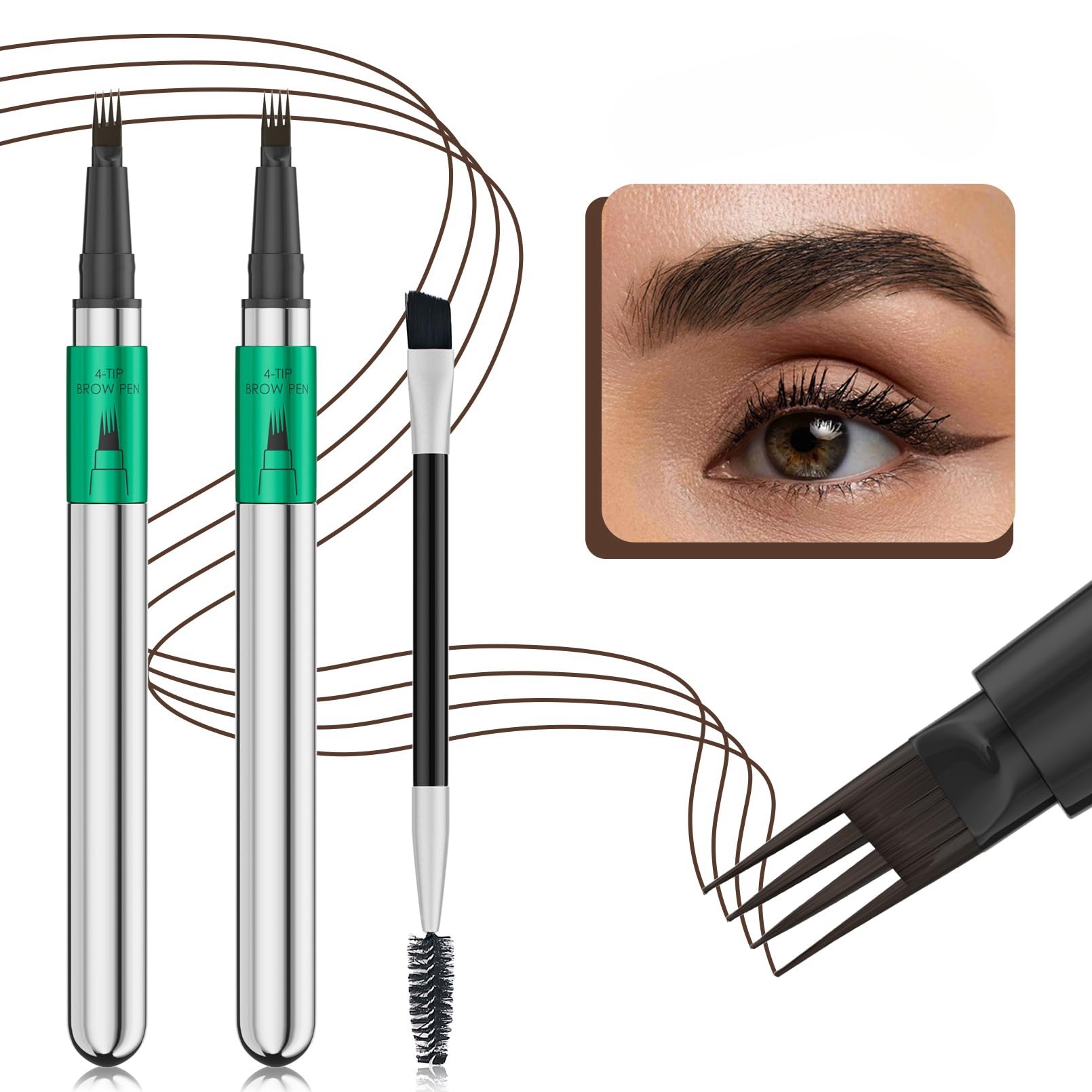 Photo 1 of 2 Pcs Microblading Eyebrow Pen Set with Eyebrow Brush, 3D Waterproof 4-Tip Precision Eyebrow Pencil, Long-Lasting Natural Fine Stroke Magic Eyebrow Pencil for Women Stay All Day (Dark Brown)