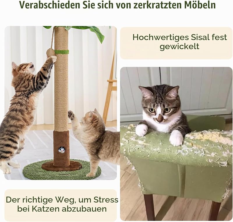 Kratzbaum mit Sisalseil für Indoor-Katzen, Palmen-Kratzbäume, Pflanzenkratzbaum, interaktiver Ball und Maus, Katzenspielzeug für Erwachsene Katzen und Kätzchen, 89 cm hoch, Grün