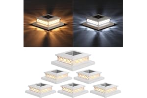 TopVelo Solar Post Light 6 Packs with 4x4, 5x5 and 6x6 Inches Base for Vinyl/Wooden Posts, Bright 16 LEDs Solar Cap Lights with Two Light Modes for Decorating Deck, Patio, Porch, Fence (White)
