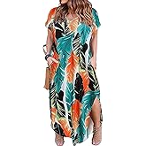 Kancystore Women's Plus Size Dresses Summer Casual Loose Pocket Short Sleeve Slits Long Maxi Dress XL-5X