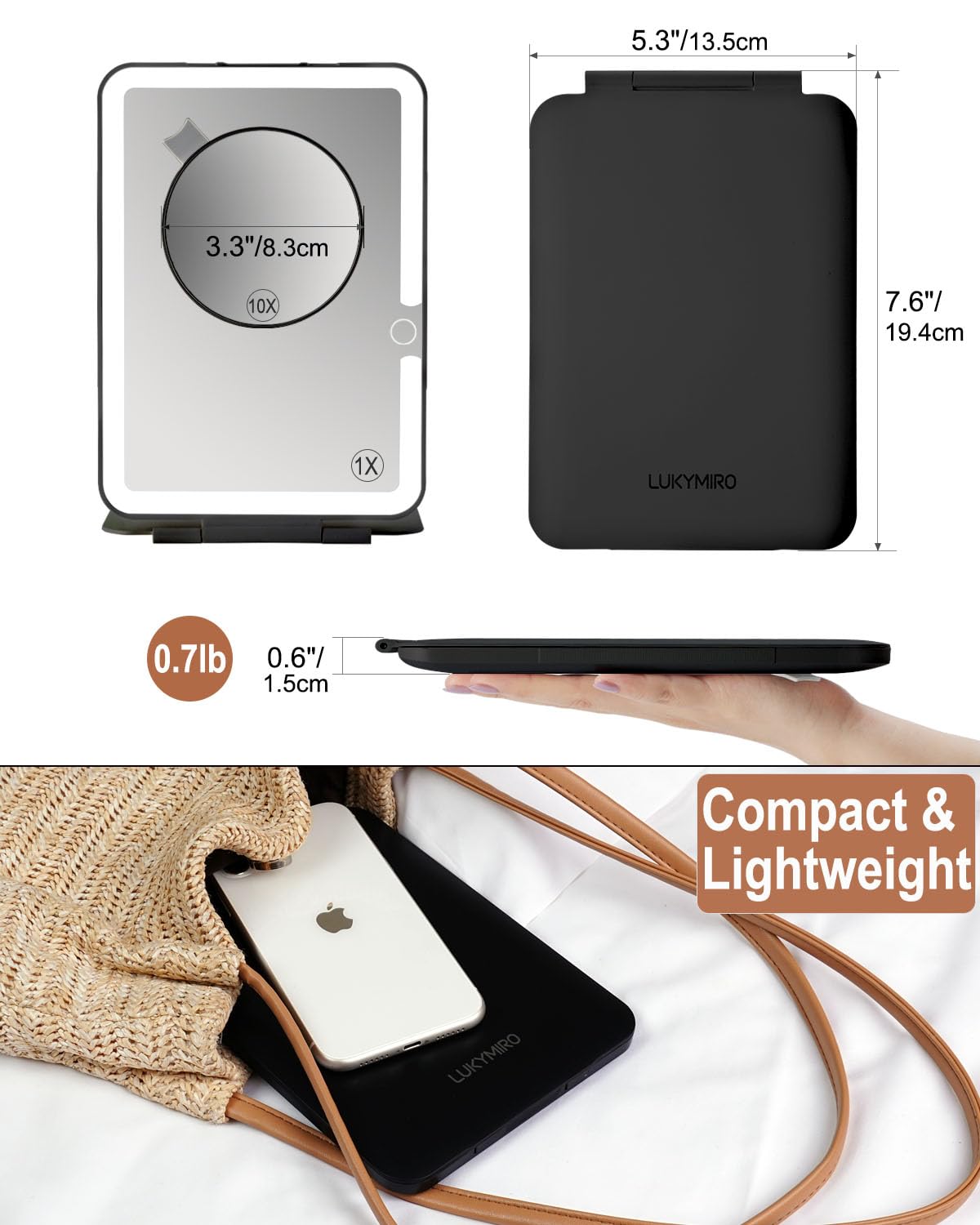 LUKYMIRO Rechargeable Travel Makeup Mirror with Lights, Portable Lighted Vanity Mirror with 10X Magnification, 70 LEDs 3 Color Lights, Touch Tabletop Folding Compact Cosmetic Mirror Black