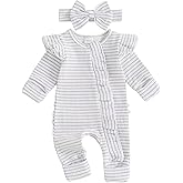 Baby Girl Coming Home Outfit Newborn Ruffle Onesie Long Sleeve Zipper Romper Jumpsuit Cute Clothes+Headband