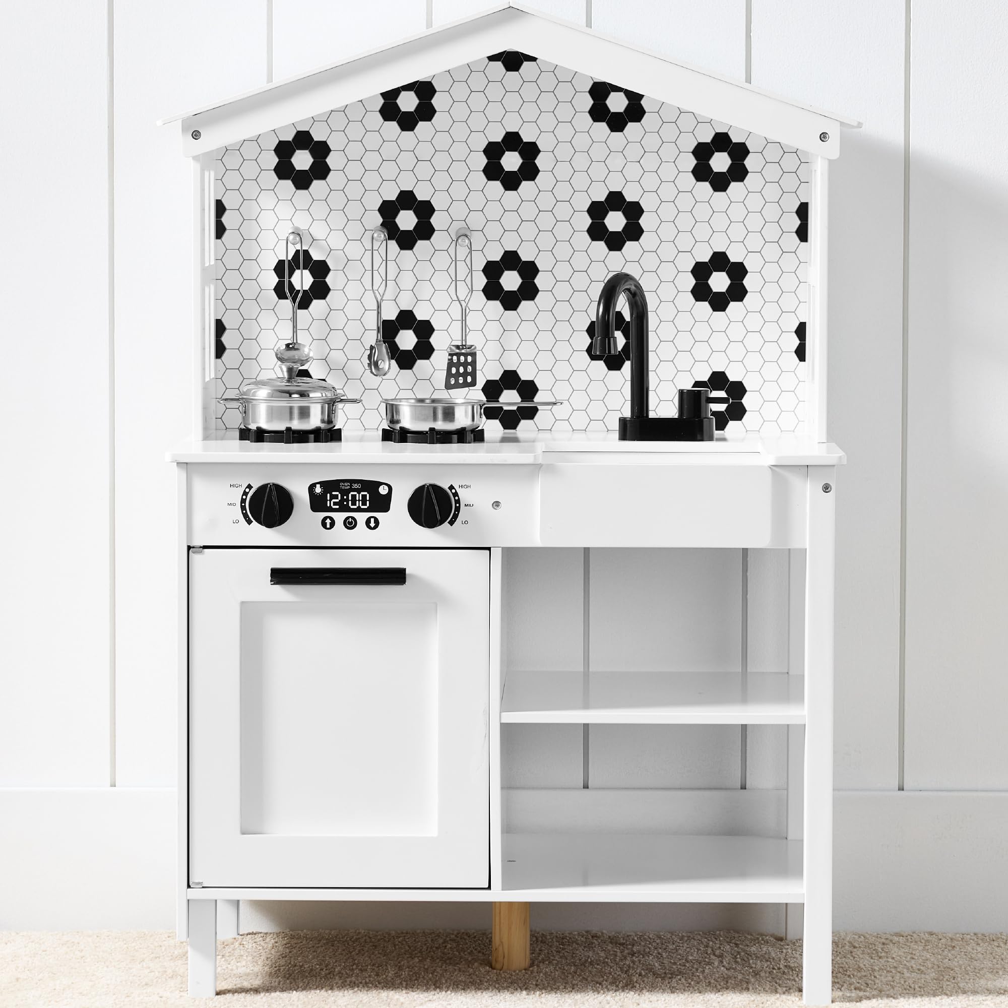 Best Choice Products Pretend Play Wooden Farmhouse Kitchen Set for Kids w/Toy Storage, Clicking Knobs, Windows, 5 Accessories Included - White/Black Image