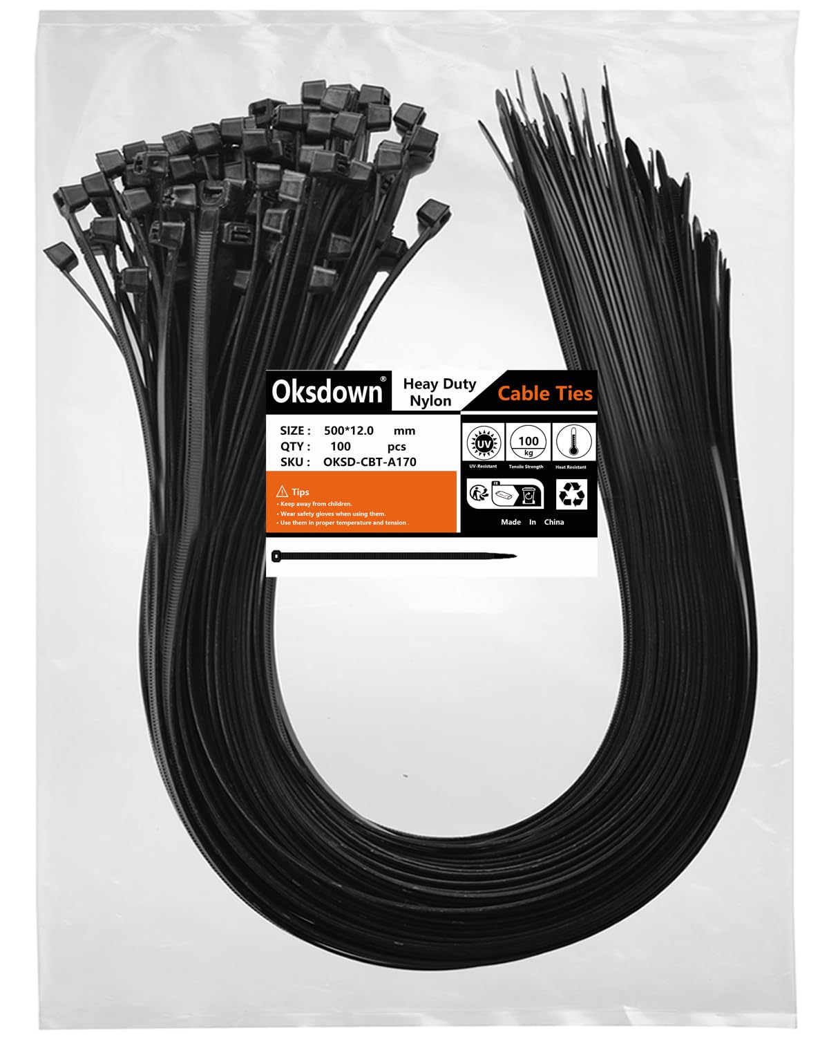 Oksdown 100 Pack Black Extra Thick Cable Ties Heavy Duty Large 500mm×12.0mm Strong Nylon Plastic Self Locking 20 inch/50 cm Long Zip Tie Wraps